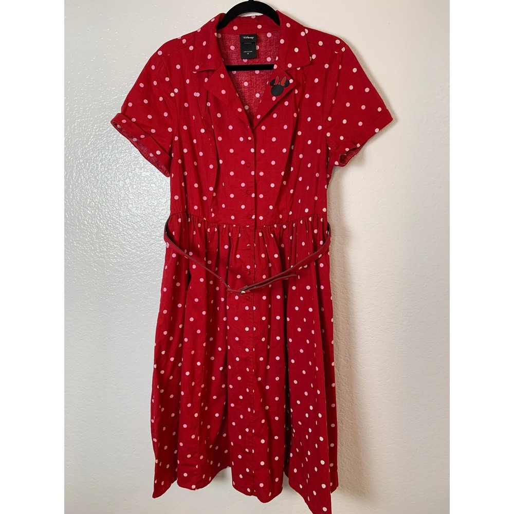 Disney Shirt Dress Women 12 Red Polka Dot Minnie Mouse Retro Rockabilly Belted